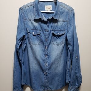 YMI Denim Jean Shirt Dark Cotton Silky Pearl Snap Buttons Women's XL